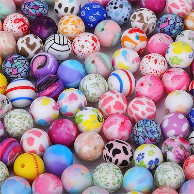 Printed Round with Heart Pattern Silicone Focal Beads SI-JX0056A-225-1