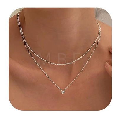 2Pcs Brass Clear Cubic Zirconia Double Layer Pendant Necklaces WGAA16F-08-1