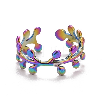 Rainbow Color Ion Plating(IP) 304 Stainless Steel Leaf Wrap Open Cuff Ring for Women RJEW-A005-02-1