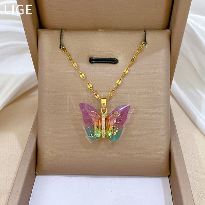 Brass Crystal Rhinestone Resin Glitter Butterfly Pendant 304 Stainless Steel Dapped Chain Necklaces for Women WG45291-02-1
