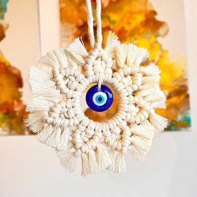 Handmade Macrame Cotton Cord with Turkish Glass Evil Eye Wall Hanging Ornament PW-WG70062-04-1