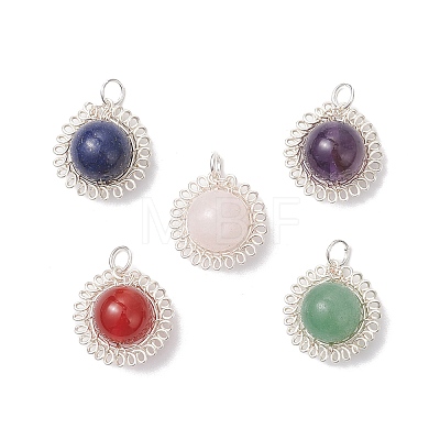 Copper Wire Wrapped Natural Amethyst & Green Aventurine & Rose Quartz & Lapis Lazuli & Carnelian Round Pendants PALLOY-JF04687-02-1
