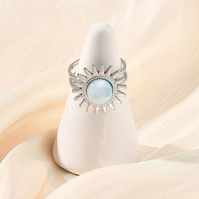Natural Larimar Cabochons & Stainless Steel Cuff Open Rings RJEW-JR01090-02-1