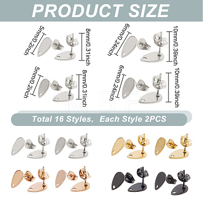 MAYJOYDIY US 32Pcs 16 Style 304 Stainless Steel Stud Earring Findings STAS-MA0001-08-1