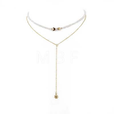 Brass Moon & Star Charms Double Layer Necklace NJEW-JN04142-1