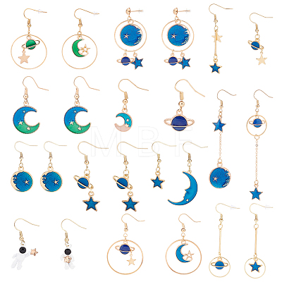 12 Pairs 12 Style Moon & Planet & Star & Spaceman Enamel Asymmetrical Earrings Set EJEW-AN0002-12-1