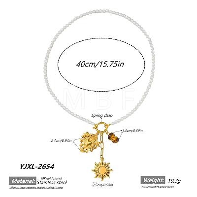 304 Stainless Steel Sacred Heart Sun Pendant White Glass Beaded Necklaces for Women WG88FB4-01-1