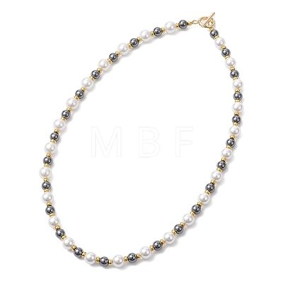 8MM White Shell Pearl with 6MM Synthetic Non-Magnetic Hematite Round Beaded OT Necklaces NJEW-JN05698-1