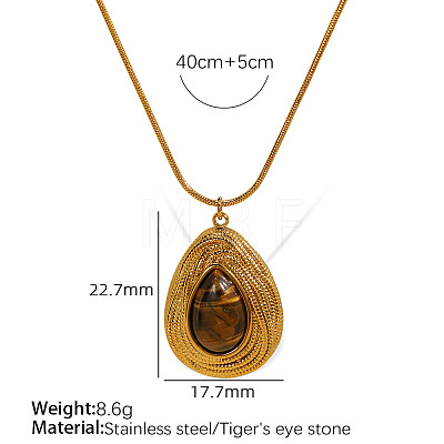 304 Stainless Steel with Natural Tiger Eye Teardrop Pendant Round Snake Chain Necklaces for Women FS-WGB55D1-03-1
