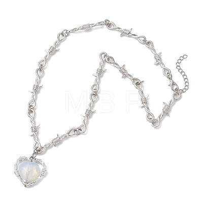 Opalite Heart Pendant Alloy Barbed Wire Link Chain Necklaces for Women NJEW-JN05614-1
