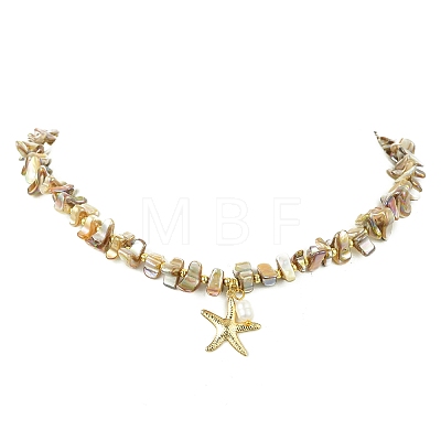 Summer Beach Starfish 304 Stainless Steel Pendant AB Color Natural Freshwater Shell Nuggets Beaded Necklaces for Women NJEW-JN06056-1