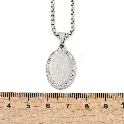 304 Stainless Steel Micro Pave Clear Cubic Zirconia Oval Pendant Box Chain Necklaces for Men NJEW-S387-02P-1