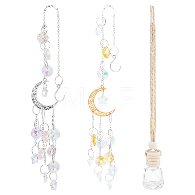 2Pcs 2 Styles Moon Glass & Alloy Hanging Suncatchers AJEW-NB0008-74-1