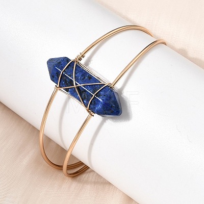 Brass Wire Wrapped Natural Lapis Lazuli Hexagon Point Cuff Bangles for Women BJEW-L719-01G-07-1