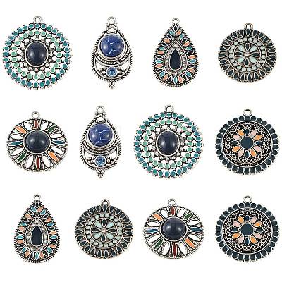 6Pcs 6 Styles Bohemian Alloy with Dyed Natural Gemstone Pendants and Alloy Enamel Pendants FIND-CJ0005-90-1