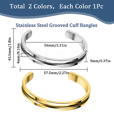 SUNNYCLUE 2Pcs 2 Colors 304 Stainless Steel Grooved Open Cuff Bangles Set for Women BJEW-SC0001-17-1