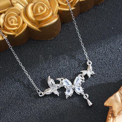 Brass Pave Clear Cubic Zirconia Butterfly Pendant 201 Stainless Steel Cable Chain Necklaces for Women WG5C012-02-1