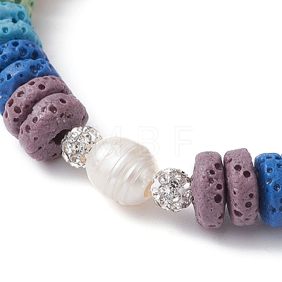 Dyed Natural Lava Rock & Pearl Beaded Stretch Bracelet BJEW-JB09724-1
