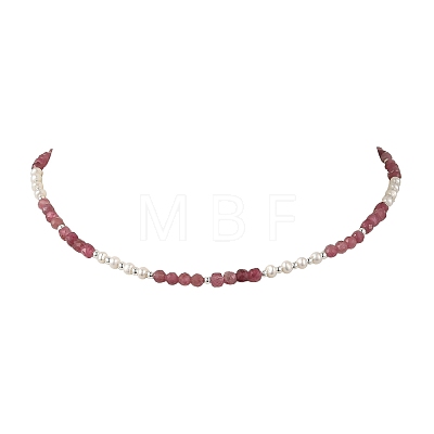 Faceted Round Natural Tourmaline and Pearl Beaded Necklaces NJEW-JN06409-02-1