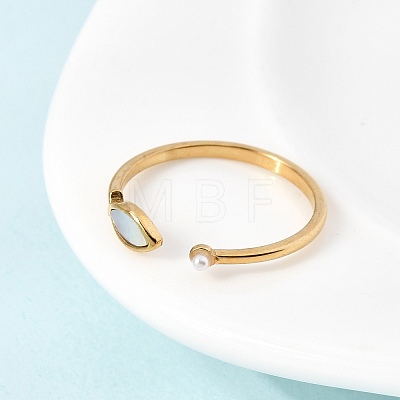 304 Stainless Steel & Natural Shell & Imitation Pearl Cuff Rings for Women RJEW-G372-01G-06-1