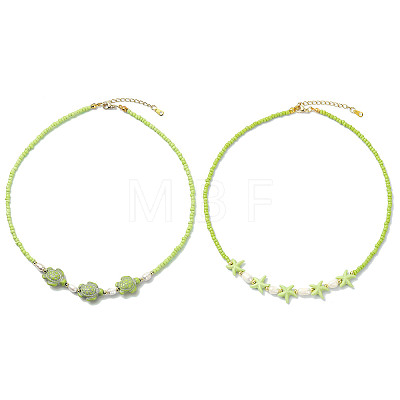 2Pcs 2 Styles Ocean Turtle Starfish Synthetic Turquoise & Natural Pearl & Glass Seed Beaded Necklaces NJEW-JN06130-03-1