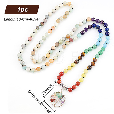 Natural Mixed Stone Tree of Life Pendant Necklace with Round Beaded Chains NJEW-AB00015-02-1