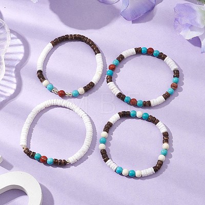 4Pcs 4 Styles Round Natural Red Jasper & Synthetic Turquoise & White Shell & Coconut Beaded Stretch Bracelet Sets BJEW-JB10812-1