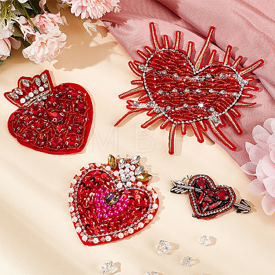 GOMAKERER 4Pcs 4 Style Heart Shape Rhinestone Appliques PATC-GO0001-05-1