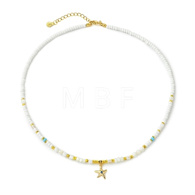 Ocean Brass Pave Clear Cubic Zirconia Sea Animals Pendant Natural Shell and Glass Seed Beaded Necklaces for Women NJEW-JN06345-1
