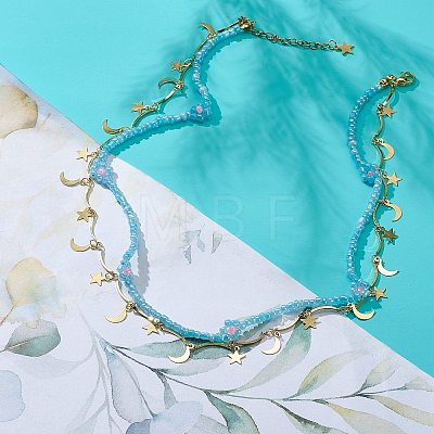 Moon and Star Charms & Glass Seed Flower Double Layered Necklace NJEW-JN04054-1
