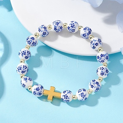 Handmade Flower Printed Porcelain Ceramic & Electroplate Non-magnetic Synthetic Hematite & Alloy Beaded Stretch Bracelets BJEW-JB13532-1