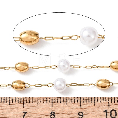 304 Stainless Steel Barrel Bead & ABS Plastic Pearl Round Bead Cable Chains CHS-G048-02G-1