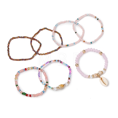 Bohemian Resin & Alloy & Glass Beads & Shell & Plastic Pearls Beaded Stretch Bracelets BJEW-Z169-01F-1