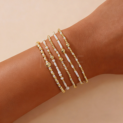 5Pcs 5 Styles Bohemian Style Glass Seed Bead & Brass Beads Stretch Bracelets Set for Women XX3462-1-1