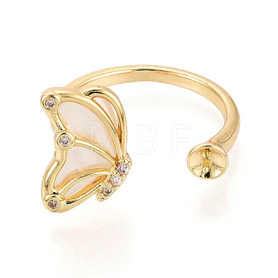 Butterfly Brass Micro Pave Clear Cubic Zirconia & Shell Cuff Rings Setting KK-T079-44G-1