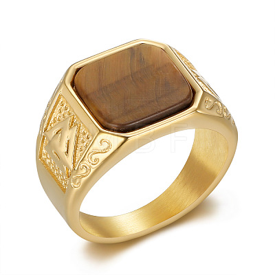 304 Stainless Steel with Natural Tiger Eye Finger Rings FS-WG06E27-01-1
