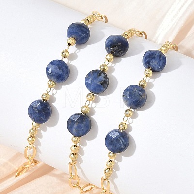Natural Sodalite Faceted Flat Round Beaded Brass Paperclip Chain Bracelets GG-CBA37F5-02G-13-1