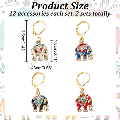 12Pcs 4 Colors Alloy Rhinestone Enamel Elephant Charms Locking Stitch Markers HJEW-PH01643-1