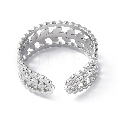 304 Stainless Steel Leafy Branch Open Cuff Ring for Women RJEW-C046-02P-1