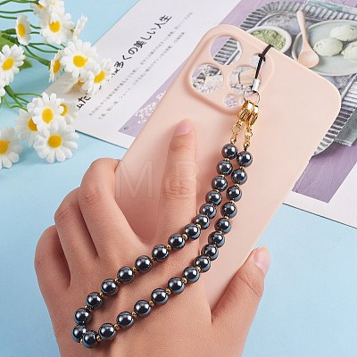 Non-Magnetic Synthetic Hematite & 304 Stainless Steel Round Beaded Mobile Straps HJEW-SW00043-01-1