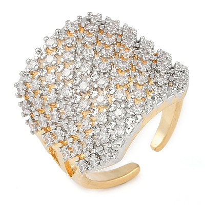 Square Brass Micro Pave Clear Cubic Zirconia Open Cuff Ring for Women RJEW-Q819-12G-1