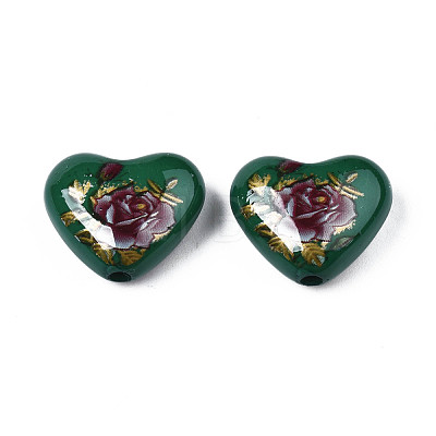 Flower Printed Opaque Acrylic Heart Beads SACR-S305-28-N03-1