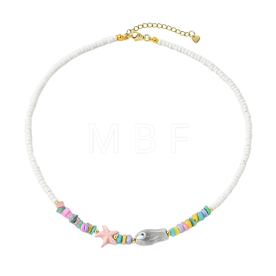 Ocean Synthetic Turquoise Starfish & Handmade Porcelain Fish & Glass Seed Beaded Necklaces for Women NJEW-JN06221-1
