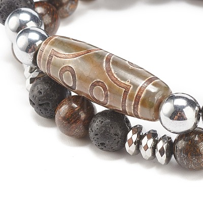 2Pcs 2 Style Mala Bead Bracelets Set with Tibetan Agate Dzi Beads BJEW-JB08020-04-1