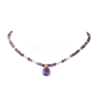 Natural Gemstone Pendant Faceted Round Gems and Natural Pearl Beaded Necklaces for Women NJEW-JN06351-1