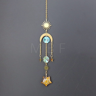 Natural Tiger Eye Star Sun Catcher Hanging Ornaments with Brass Sun HJEW-PW0002-13E-1