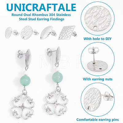 Unicraftale 24Pcs 4 Style Round Oval Rhombus 304 Stainless Steel Stud Earring Findings STAS-UN0056-21-1