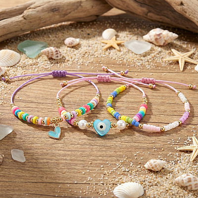 3Pcs Glass Seed Bead & Resin & Brass Braided Bead Bracelets LW3639-4-1