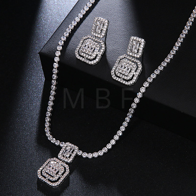 Square Brass Micro Pave Clear Cubic Zirconia Pendant Necklaces & Stud Dangle Earrings Sets FS-WG98D1F-01-1