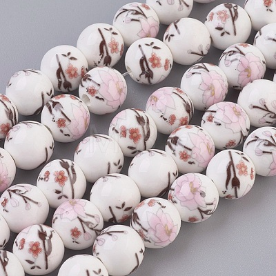 Handmade Flower Printed Porcelain Ceramic Beads Strands PORC-J006-B02-10mm-1